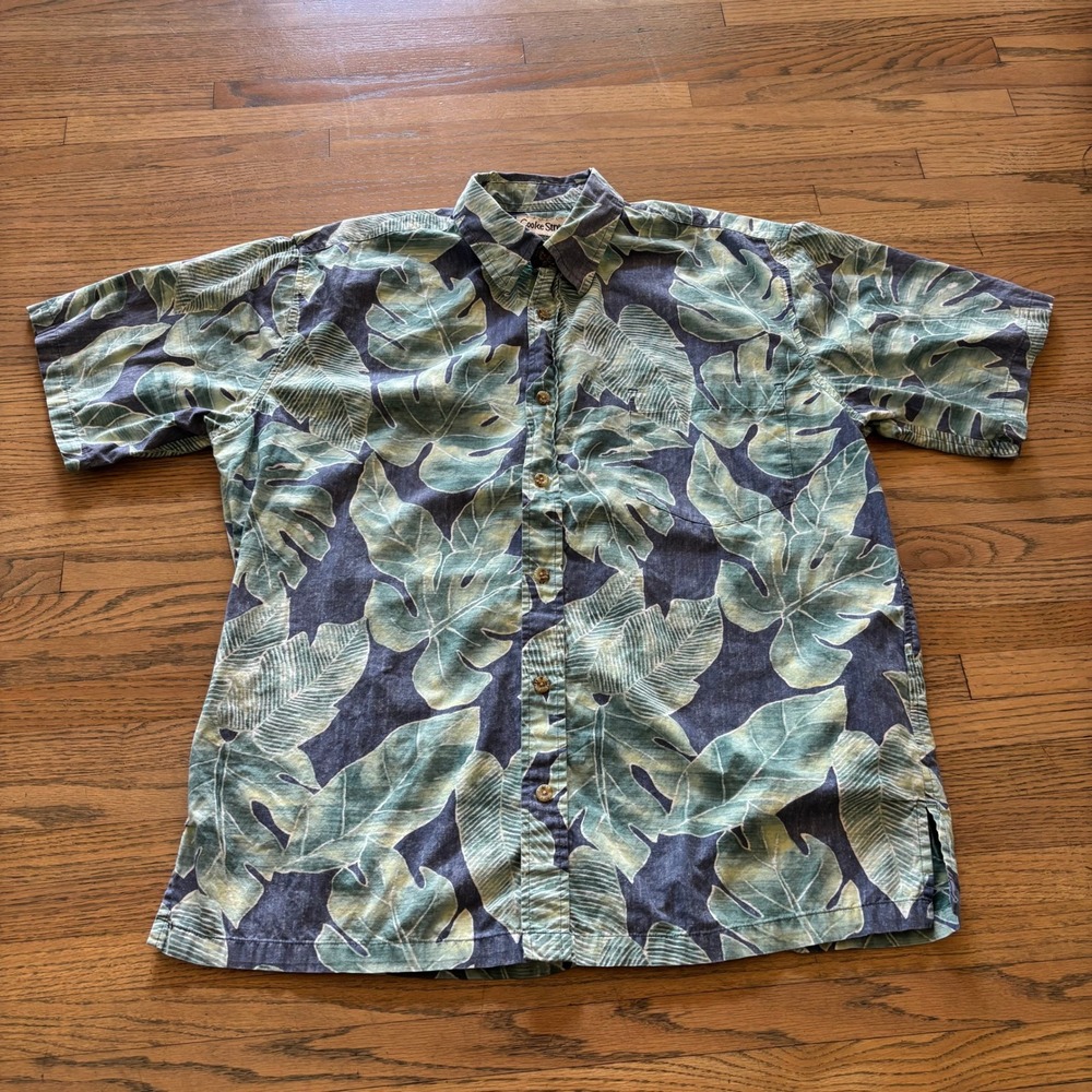 Cooke Street Honolulu Mens Medium Blue Green Monstera Leaf Print‎ Hawaiian Shirt